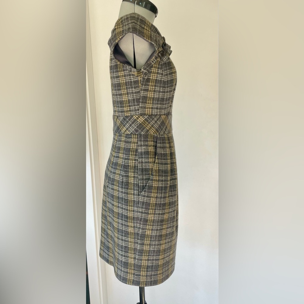 Nanette Lepore wool midi dress, grey/yellow tartan, buttons, cap sleeves, 0 - Picture 5 of 13